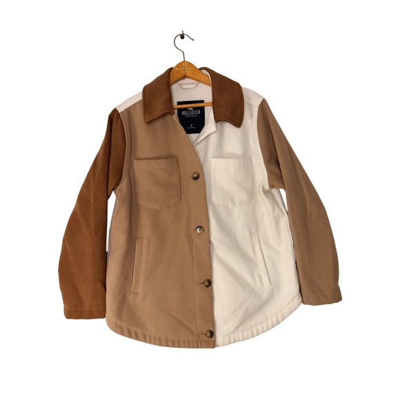 Hollister Jackets & Blazers - Hollister Colorblock Fleece Shirt Jacket Shacket Brown Cream Tan Small Oversized